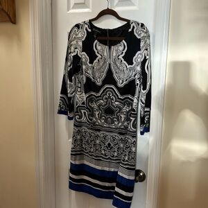 Inc. 3/4 slv black white geo dress blue trim medium zipper back crystal accent
